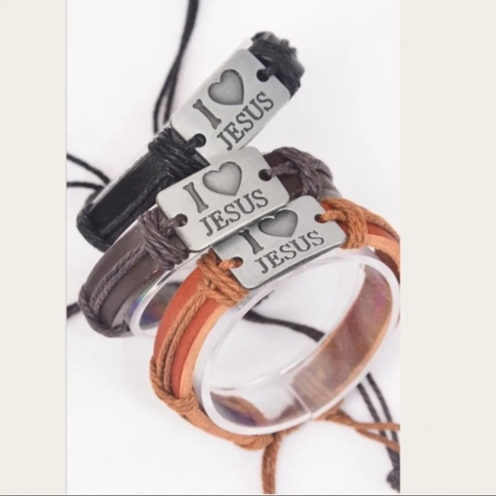 Brown Real Leather ✝️ I Love 😍 Jesus ✝️ Bracelets🙏 Adjustable Unisex Easter🎁